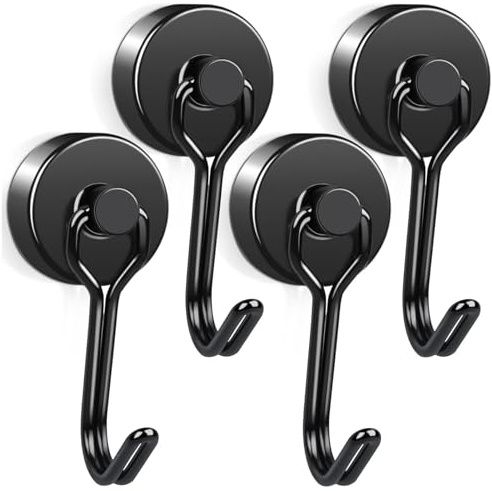 4 Stück Magnethaken Extra Stark 20mm Neodym 15kg 180° Drehbar Schwarz | Magnetischer Haken Metallhaken für Küche Kühlschränke Schließfächer Magnetisch