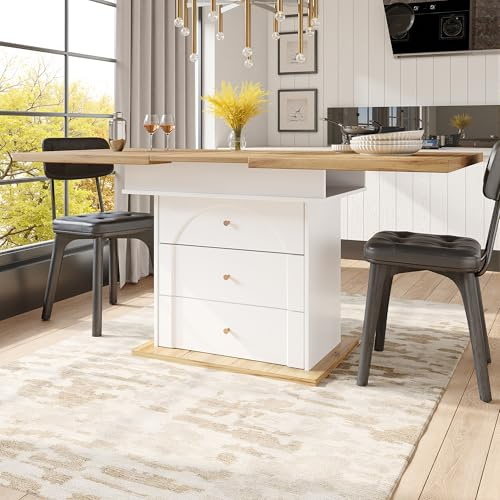 Oslghy Ausziehbarer Esstisch Holz, 110-140×80×75cm Küchentisch Ausziehbarer mit Stauraum Ablageebenen und Schubladen, Rechteckig Teleskoptisch Tisch, Modern Esszimmertisch für Küchen (Weiß+B)