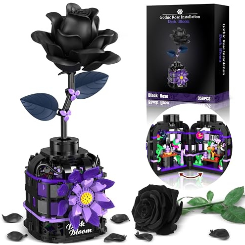 Alagoo Gothic Black Roses Building Blocks Kit – 359 PCS Mysterious Dark Bloom with Vase, Artificial Flower Toy Building Set, Gothic Decor Birthday Gifts Building Toys for Boys Girls