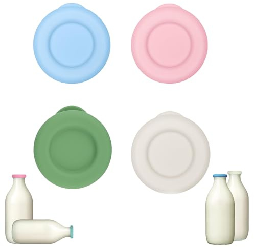 DYSWTUE 4 tapas de botellas de leche, tapas mixtas de silicona reutilizables, aptas para lavavajillas, diseñadas para el Reino Unido, 1 pinta, no 1 litro, botella de vidrio de leche, a prueba de fugas