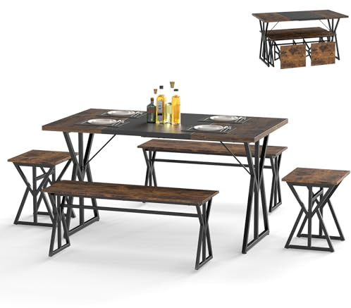 COSTWAY 5-teiliges Esstisch Set, rechteckiger Esszimmertisch mit 2 Bänken und 2 Stühlen, Metallrahmen, Küchentisch für 4-6 Personen, industrielle Essgruppe für Küche, Esszimmer
