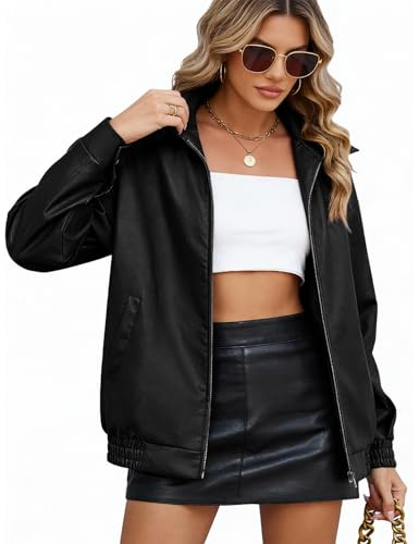 CMTOP Giacca Donna Pelle Giacca Similpelle Donna Giubbotto in PU Ecopelle, Moda Y2k Giacche Casual Motociclista Giubbino Streetwear Capispalla con Tasche per Primaverile Autunnale(Nero,XL)