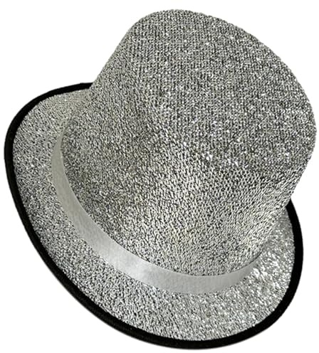 VMDVBNA cylinderhatt glitter cylinderhatt med brett brätte, semester cylinderhatt kort, magisk kostym för utomhusmöten karneval (Silver01)