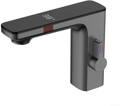 Sawhamale Grifo de lavabo con sensor inteligente para lavabo con pantalla digital, grifo de latón de una sola manija en acabado cromado, mezclador automático de agua fría y caliente (gris)