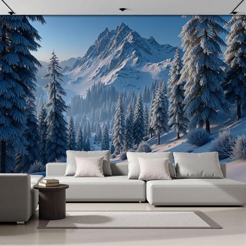 JEDTAKCT Papier Peint Forêt Enneigée Naturelle, Papier Peint Panoramique Montagnes Hivernales Bleu Marine Pour Salon Chambre Bureau Couloir, Décoration Murale Poster Intérieure, 350X256Cm (L X H)