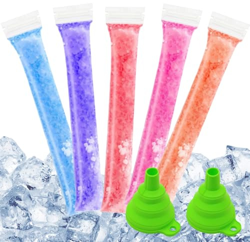Ice Bags for Ice Cubes, 200 PCS Ice Pop Moulds with Funnels, 28 x 5 cm Reusable Ice Cube Bags for Freezer, Versatile Ice Lolly Moulds for Outdoor Activities and Snack Preparation
