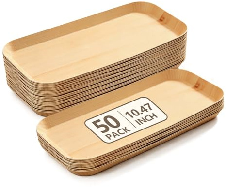 Cherrypick Paper Plates 266×126mm, 50 Pack Disposable Rectangular Wood-Look Paper Plates, Heavy Duty Serving Trays for BBQ, Picnic, Party, Catering, Serving Food, Steak, Bread, Snacks (10)