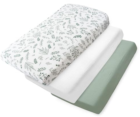 Medi Partners Sabana Bajera Cuna 70x140 Set de 3-100% Algodon Sabanas de Algodón Muselina Bebe Ropa de Cama para Bebés Dormir Cuna Fitted Bed Sheet Protector(Hoja de Olivo-Blanco-Olivo)