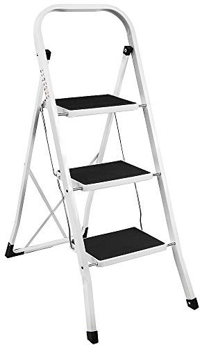 Home Vida 3 Step Ladder - Heavy Duty Steel Folding Ladder with Slip-Resistant and Wide Steps, Folding Mechanism, 150kg Max Load, Home/Kitchen/DIY/Garden Use, White