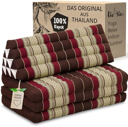 livasia Thaikissen 3 Auflagen für Paare XXL - 190x80x8cm - Dreieckskissen Klappmatratze, extrabreit Kapok, Rückenkissen faltbar, Thaimatte zum Klappen, Meditationskissen (Weinrot)