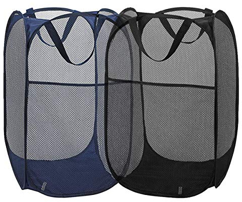 Buenod 2 Packs Mesh Pop up Laundry Hamper (Black/Navy Blue) with Portable Durable Handles, Collapsible for Storage, Folding Pop-Up Clothes Hampers for Apartment, Home, College Dorm or Travel