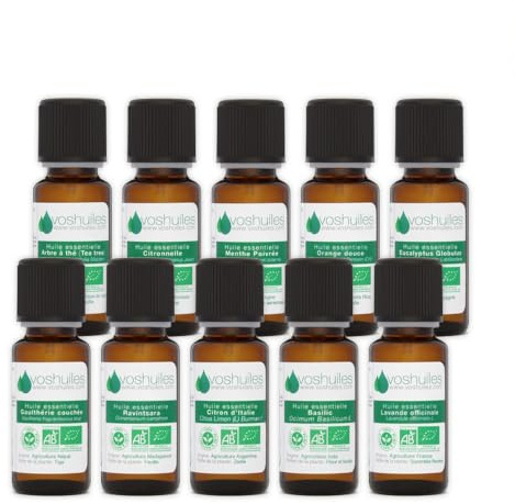 VOSHUILES - Huiles Essentielles Kit Indispensables BIO 10x10ml - 100% Pure et Naturelle - Tee Trea- Citronnelle- Eucalyptus- Lavande- Ravintsara- Basilic- etc.