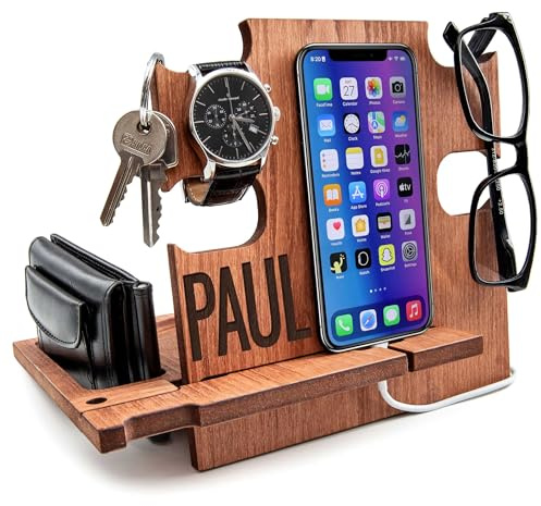 Greta Oto Docking Station in Legno Organizzatore da Scrivania per Lui Supporto Smartphone Idea Regalo per Uomo Personalizzato Svuotatasche da Ingresso San Valentino Regali Natale per Uomini