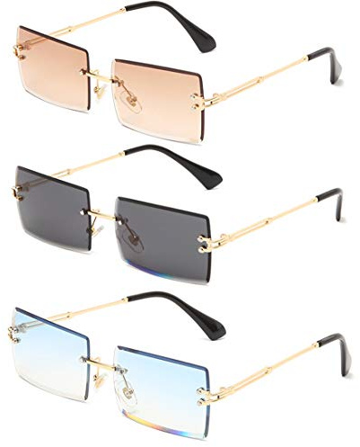 Long Keeper Sonnenbrille Damen Vintage 90s Retro Rechteckig Sonnenbrille Randlos Für Damen Herren Mit Uv Schutz