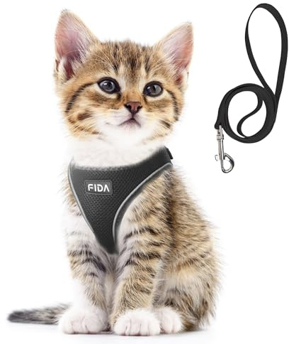 Fida Cat Harness and Leash Set, Breathable Mesh, Easy Step-In Design, Triple Safety Features, Reflective Strips, Matching Lead Set, XXXS (Neck: 26cm-29cm; Girth: 29cm-32cm), Black