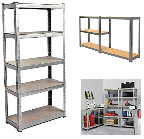 5 Niveaux Étagère de Rangement Autonome, Étagère Charge Lourde Metallique de Rangement Planches réglables, Acier galvanisé et MDF, pour Garage, Cave, 170 x 75 x 30cm, Capacité Totale: 875 kg