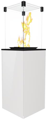 KRATKI Patio Chimenea exterior Calentador de gas 8,2 kW con ruedas Diseño moderno Apto para jardín Sistema de control de seguridad alimentado con propano Paneles Lacobel y 4 paneles de vidrio Blanco
