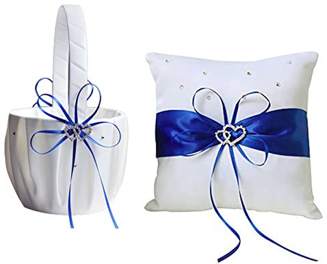 WERTSWF Wedding Ring Bearer Pillow and Flower Girl Basket - Royal Blue Ribbon,Double Heart Rhinestone Satin Petals Basket Ring Cushion