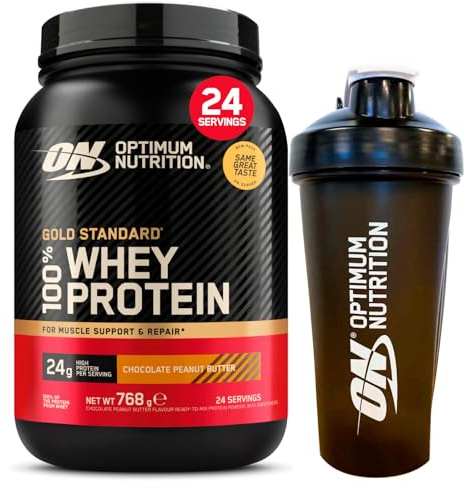 Optimum Nutrition Gold Standard 100% Whey Proteine in Polvere con Aminoacidi Cioccolato e Burro di Arachidi 768 g 24 Porzioni + Shaker