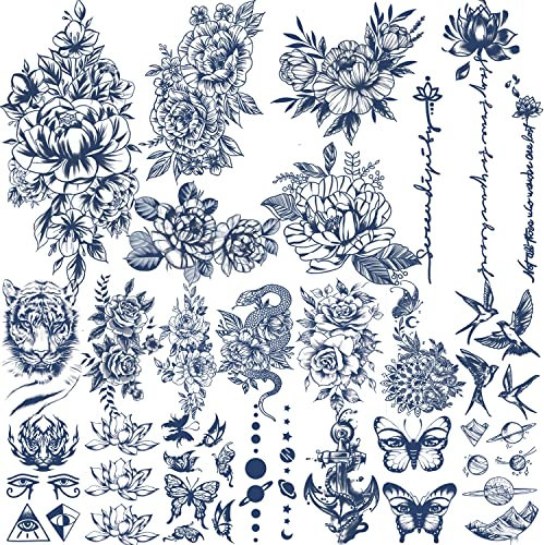 18 Bögen Semi-Permanente Tattoos für Frauen - 4 Große Blumen Dunkelblaue Fake-Tattoos und 14 Kleine 1-2 Wochen Haltbar, Wasserdichte Temporäre Tattoo (Butterfly)