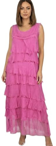 Alam Exclusive Vestido de mujer Lagenlook Maxi con solapa italiana, elegante, sin mangas, de seda, liso, plisado, de capas, para fiesta de verano, estilo resort, fucsia, Altoa única