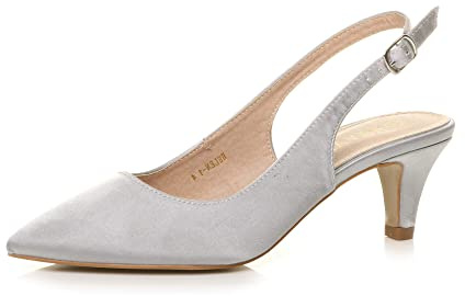 AJVANI dam damer låg mellanklack 50-tal slingback spänne spetsig domstol skor storlek, Silver satin, 41 EU