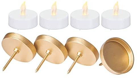 Novaliv 4X Kerzenpick flach 8cm Aluminium Gold mit 4X LED Teelichter Maxi Kerzenpick für Adventskranz Weihnachten Kerzenständer Adventskerzenhalter Kerzenteller zum Stecken Kerzenhalter