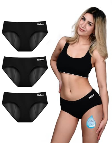TIICHOO Periodenunterschwäsche Starke Blutung für Frauen & Mädchen Weiche Bequem Periodenslip Damen 3er Pack(S, Schwarz 3 stück)