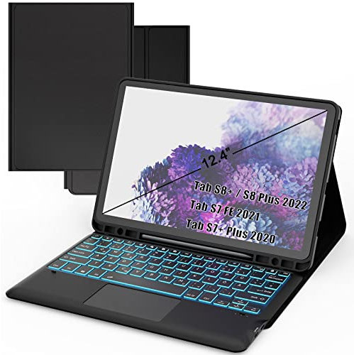 Tastatur Hülle für Samsung Galaxy Tab S8 Plus/S7 FE/S7 Plus 12,4 Zoll - 7 Farbige Beleuchtung Touchpad Tablet Cover - Beleuchtete Deutsches QWERTZ Layout Tastatur, Schwarz