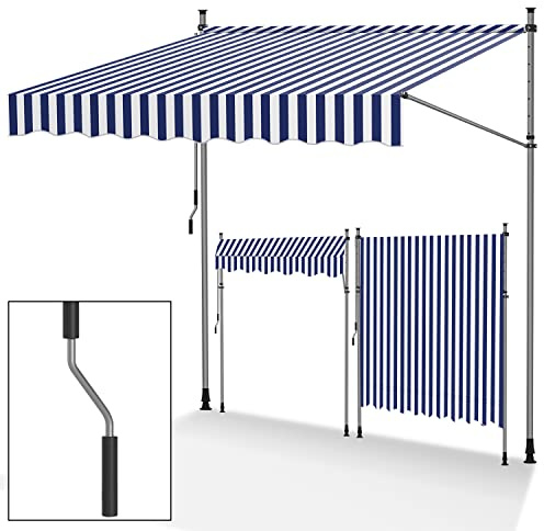 Jopassy klemmmarkise Balkon 400cm breit，Handkurbel klemmarkisse，ohne Bohren markise Balkon，Höhenverstellbare，UV-beständig und wasserdicht für Terrasse Balkon，Blau-Weiße
