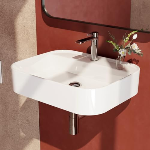 EMKE Vasque à Poser 50 x 40 x 11 cm, Coins Arrondis, Blanc Brillant | Lavabo Carré en Céramique, Lave-Mains Suspendu pour Salle de Bain et WC Invités (Sans Robinet ni Bonde)