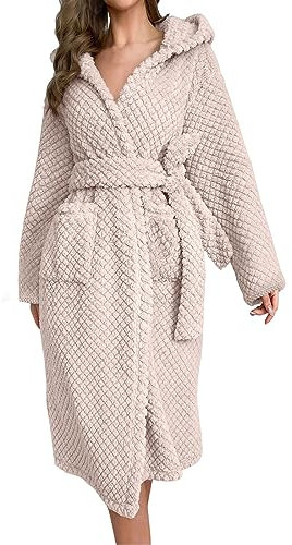 Bademantel Damen Flauschig Fleece Morgenmantel Weicher Flauschig Fleece Bademantel Morgenmantel Damen Baumwolle Saunabademantel Hausmantel Fleece Winter Warm Weich Loungewear (Khaki, One Size)