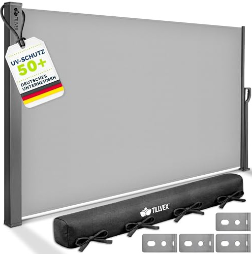 tillvex® Seitenmarkise 160 x 300 cm ausziehbar & Blickdicht mit Regencover | Sichtschutz Balkon, Garten & Terrasse | Outdoor Seitenrollo mit Wandhalterung | Sonnenschutz Markise aus rostfreiem Stahl