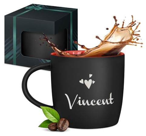 Maverton schwarzer Keramik Kaffeebecher 400ml mit Gravur, Kaffeetasse | Kaffeebecher aus Matt Keramik mit Henkel, Trinkbecher für Männer zum Geburtstag zu Weihnachten, matt schwarz, Innen rot, Herz