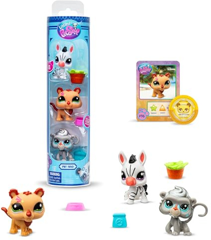 Bandai BF00597 Littlest Pet Shop Pack mit 3 Haustieren, Zubehör, Sammelkarte und virtuellem Code, Generation 7, Haustiere #96, #97, #98, Kinder ab 4 Jahren +