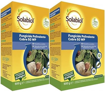Fungicida polivalente cobre 50WP 500g PACK 2 UNIDADES - Solabiol. Acción preventiva y curativa. Para todo tipo de plantas y cultivos. Apto para agricultura ecológica.