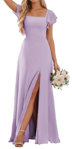 Vestidos de dama de honor de manga corta para mujer, vestido de gasa para invitada de boda, cuello cuadrado, vestido de noche formal con abertura, Lila, 40