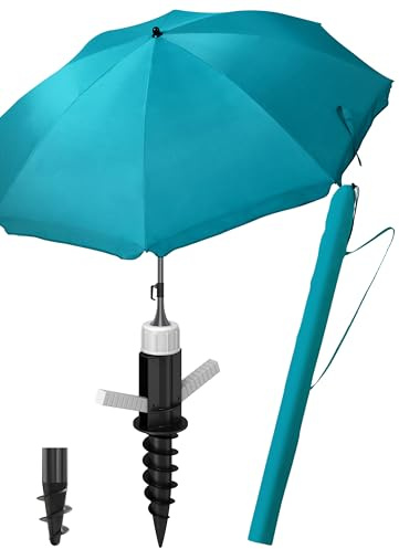 Menz Sonnenschirm Strand als Sonnenschutz Strand 3-IN-1 SET - UPF 50+ Strandschirm 180 cm in Türkis + stabile Sonnenschirm Bodenhülse + robuste Sonnenschirmhülle