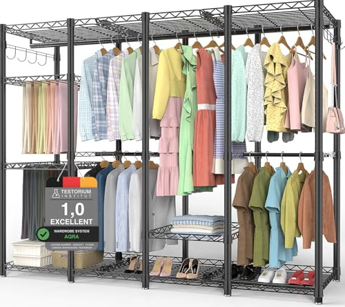 AQRA Metal Open Wardrobe, Heavy Duty Clothes Rail, 4 Assembly Ways, Black | 600kg Max Weight, 193.5cm*43.5cm*195cm, 8 Side Hooks and 3 Trouser Rack, Large-Capacity Design, Versatile for Multiple Spaces