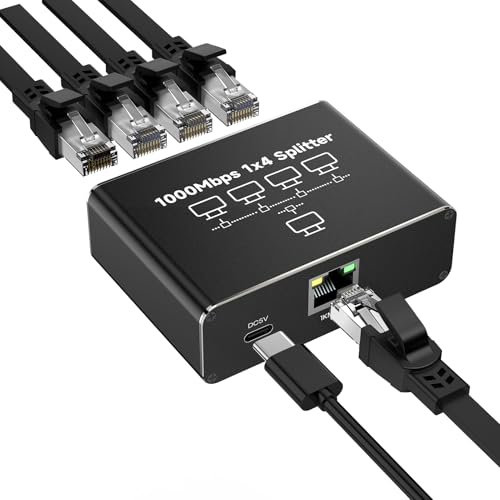 GlasFlength Switch Ethernet 4 Porte 1000Mbps Alluminio Sdoppiatore Ethernet Gigabit Splitter Etherne t RJ45 1 a 4 Switch LAN con Cavo di Alimentazione USB-C per Computer HUB Switch Set-top Box TV