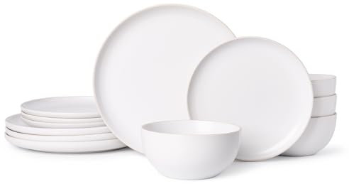 ALOFMO Service de table en céramique - 12 pièces - Assiettes, bols à pâtes, bols à soupe, plats modernes en grès, beige