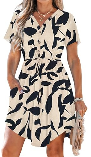 AUSELILY Summer Dresses for Women UK Casual V Neck Short Sleeve Drawstring Midi Dresses with Pockets Apricot Black Leaf 2XL