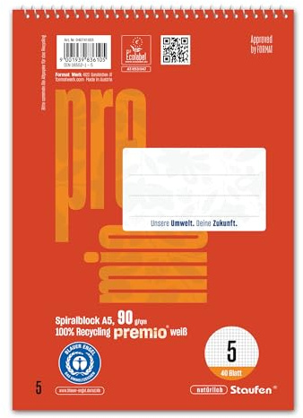 Staufen Premio Spiralblock - 5 Blöcke je 40 Blatt, DIN A5, kariert 5 mm | Lineatur 5, 100% Recyclingpapier, zertifiziert mit dem Blauen Engel, abgerundete Ecken, 90 g/m² Papier