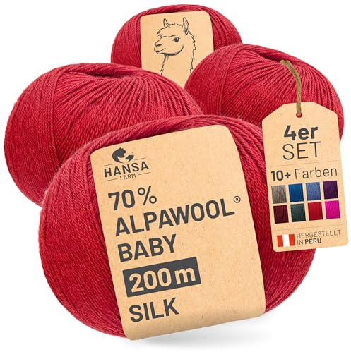 HANSA-FARM |Alpawool 70% Baby Alpaka mit 30% Seide 200g Set (4 x 50g) seidige und kratzfreie Wolle zum Stricken & Häkeln - CF177 Rot
