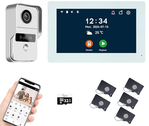 Sistema videocitofonico a 2 fili dell'appartamento 1080P Camera 7 pollici Touch Monitor, kit videocitofono WiFi per la casa, rilevamento del movimento (1 bianco Campanello + 1 bianco Monitor)