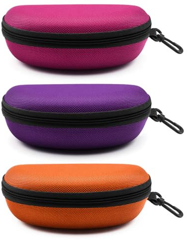 SteelFever 3pcs Sunglasses Case, Portable Travel Zipper Hard Shell Eyeglasses Case with Plastic Hook Scratch Resistant Glasses Organiser Box (Orange Rose Red Purple)