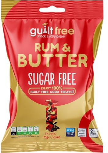 Guiltfree Sugar Free Rum & Butter Toffees Retro Classic Sweet Milk Chocolate Toffee Sweets | for Diabetic Gift Hamper Basket, Party Bags, Birthday Treats, Valentine | 1 x 75g Resealable Pack