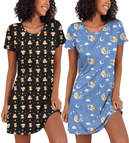 Ekouaer Nattlinnen för kvinnor 2-pack nattskjortor kortärmad sovkläder mjuk sovklänning solid/tryckt nattklänning, S-XXL, Teddybear 2, XXL