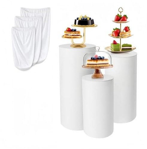 RONGJUKD Plinth Covers for Party, 3PCS White Spandex Cylinder Stand Covers, Plinth Stand Cover for Party Wedding Birthday Decoration (Only Contains Cylinder Covers)