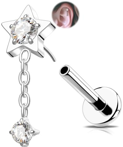 OUFER Titan Helix Ohr Stecker 18G Forward Tragus Piercing Schmuck Gold Silber Stern Conch Knorpel Ohrringe Stecker Gewindelos Flache Rückseite Lippe Labret Piercing Schmuck für Frauen 6mm